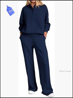 Long Sleeve Quarter Button Sweatshirt Wide Leg Pants Lounge Set